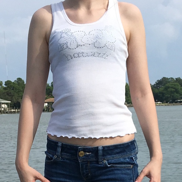 Kavio Tops - Hawaii flower jeweled sparkly white tank top S gem